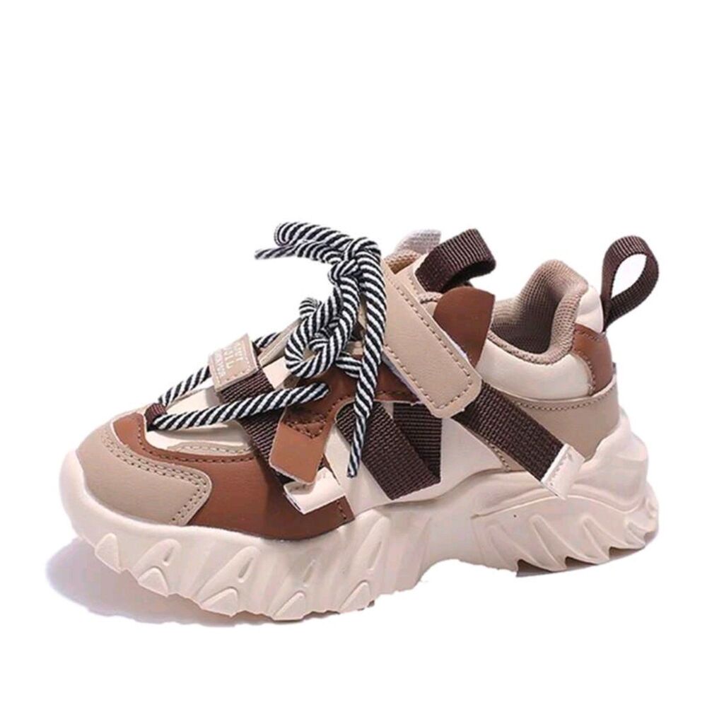 SHEIN Kids Chunky Sneakers Size 30 Beige Brown Lace Up Velcro 7.5 inches